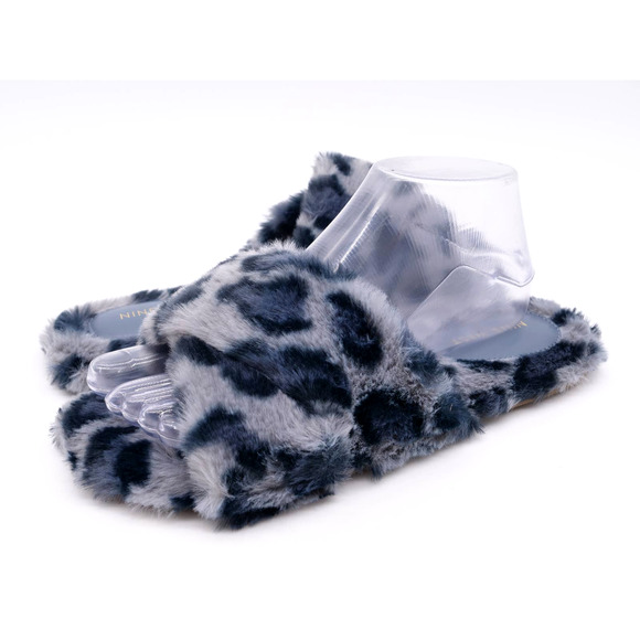 Nine West Slides Womens 8 Cozy 2 Gray Leopard Print Faux Fur Slip On Flat Sandal - Picture 1 of 11
